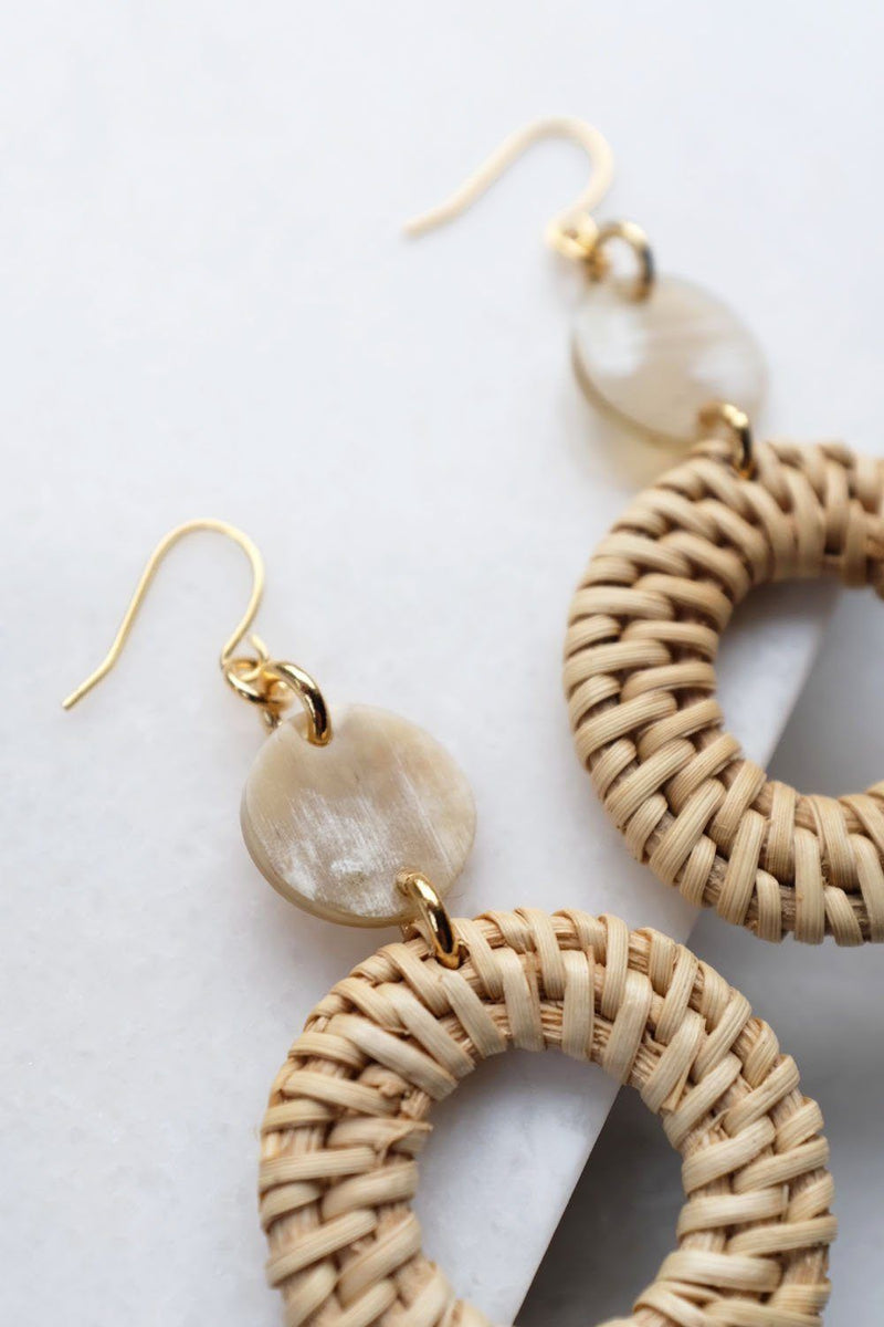Nam Dinh 16K Gold Plated Natural Rattan (Straw/Wicker) & Beige Buffalo Horns Earrings - ourCommonplace