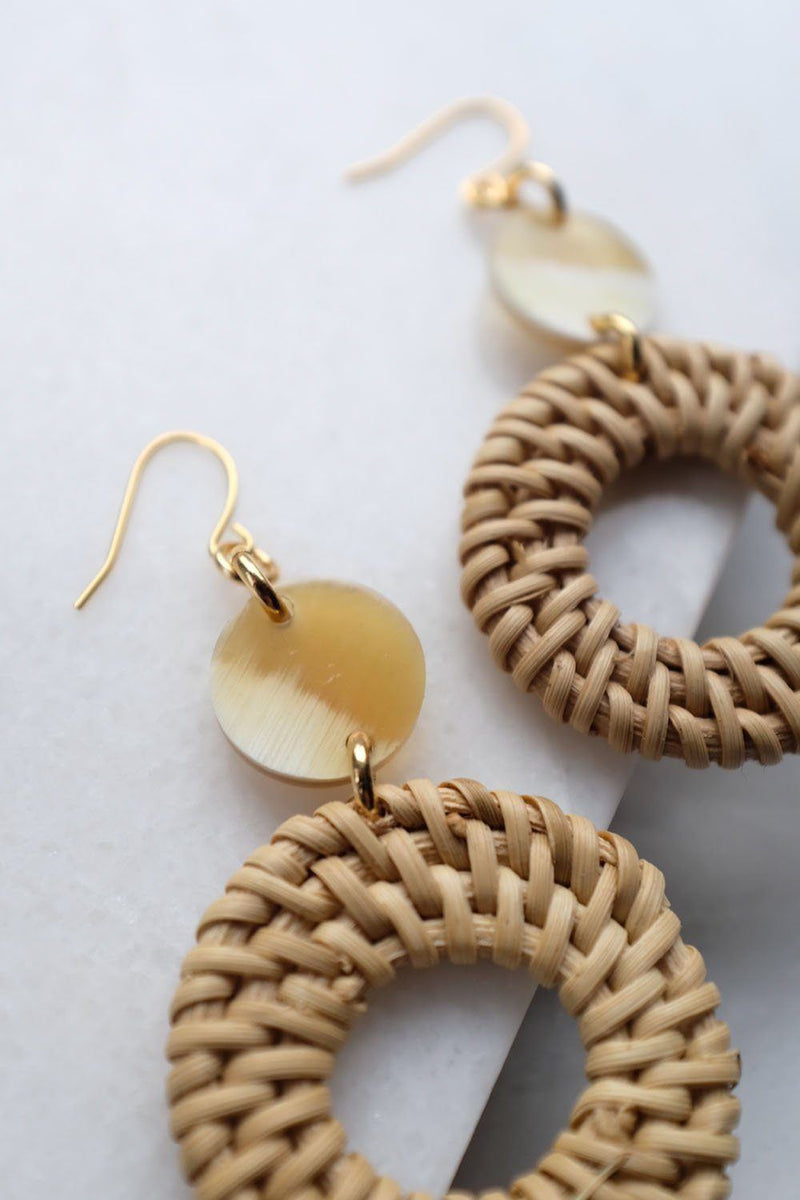Nam Dinh 16K Gold Plated Natural Rattan (Straw/Wicker) & Honey Buffalo Horns Earrings - ourCommonplace