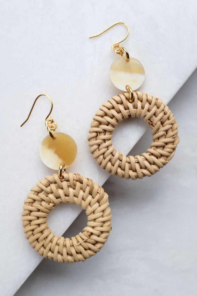 Nam Dinh 16K Gold Plated Natural Rattan (Straw/Wicker) & Honey Buffalo Horns Earrings - ourCommonplace