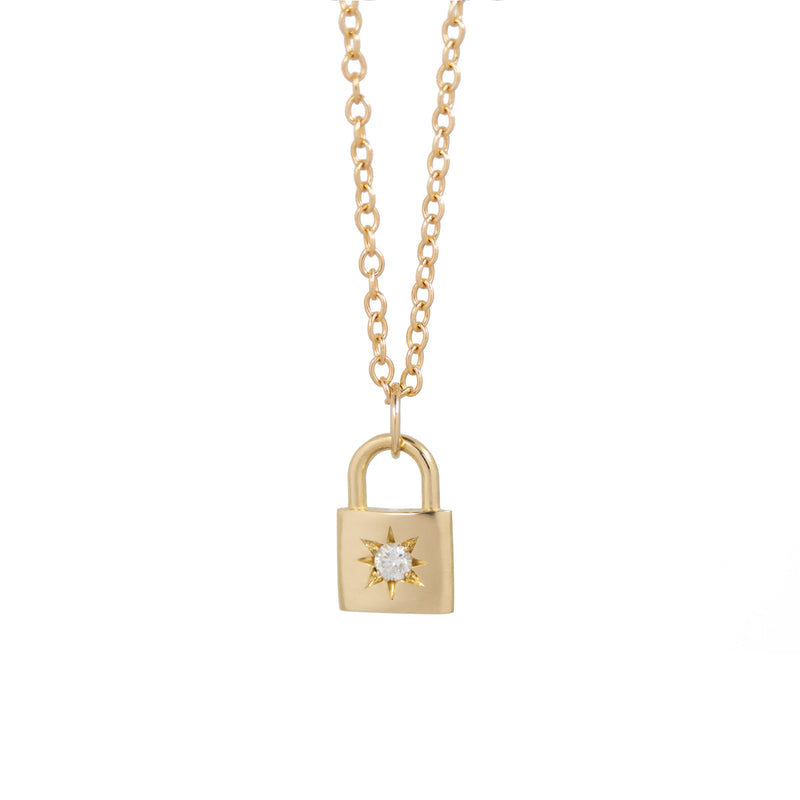 14K Yellow Gold Diamond Padlock Necklace