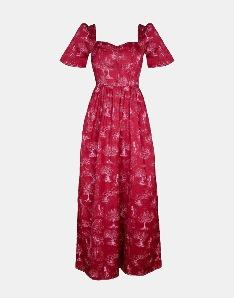 Beatrice Maxi Dress With Sweetheart Neckline / Ruby Red + Alabaster Cotton Toile - ourCommonplace