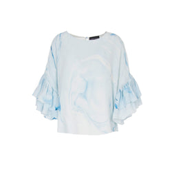 Hand Marbled Silk Ruffled Flounce Top - Blue & White - ourCommonplace