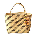 Borneo Sani Stripes Straw Tote Bag - With Marigold Tiered Pom-Poms - ourCommonplace