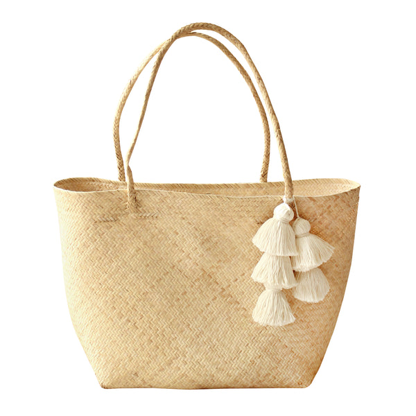 Borneo Serena Straw Tote Bag With Nude Beige Pom-Poms - ourCommonplace