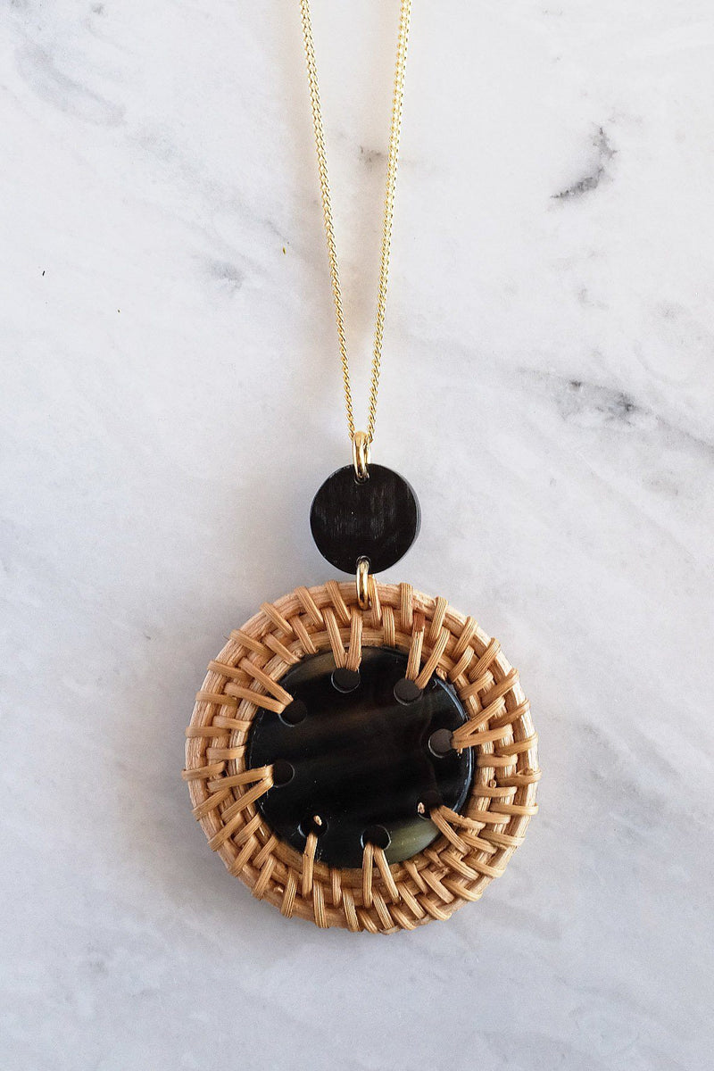 Thuy Binh Buffalo Horn & Handwoven Rattan Pendant Necklace - ourCommonplace