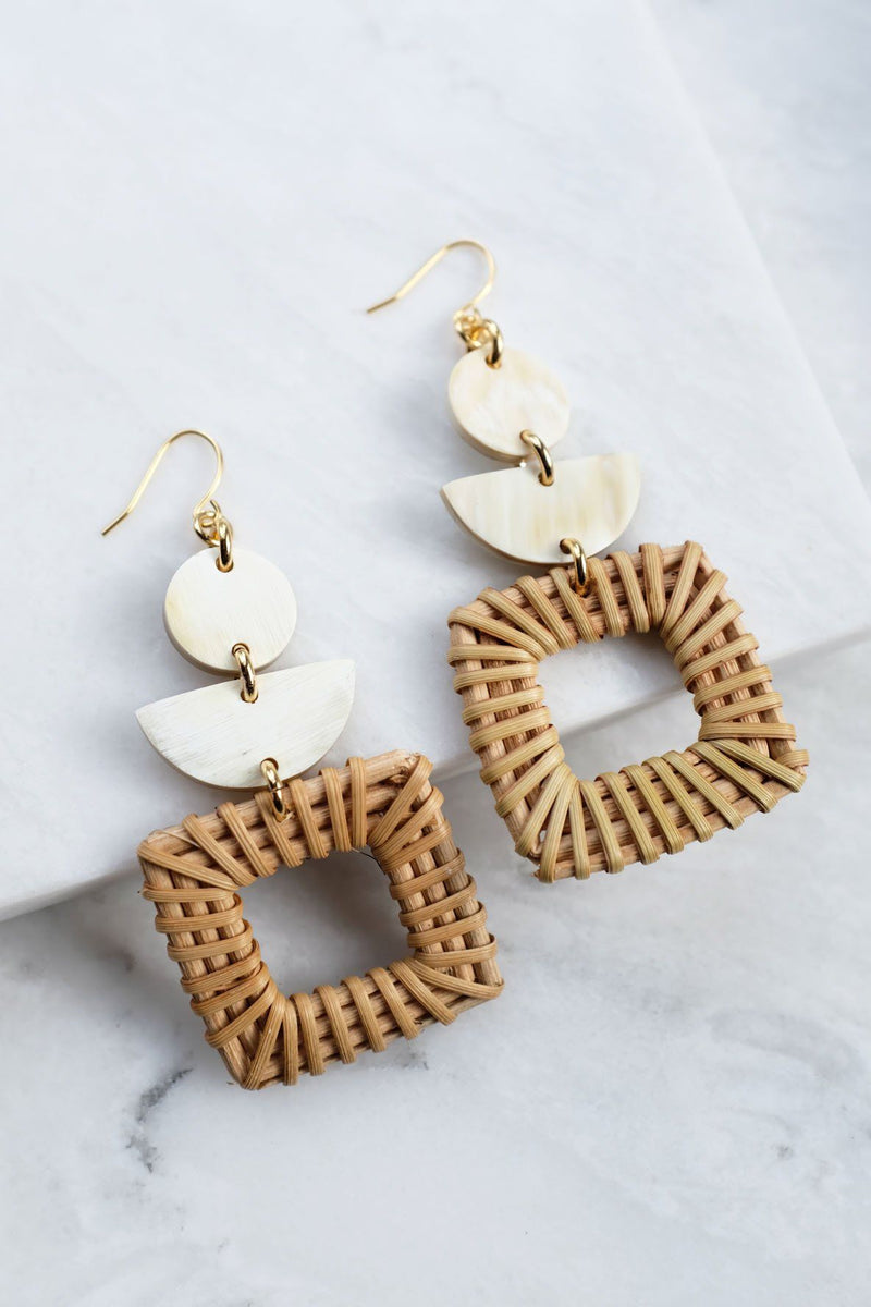 Tu 16K Gold-Plated Brass Buffalo Horn & Rattan/Wicker Square Geo Statement Earrings - ourCommonplace