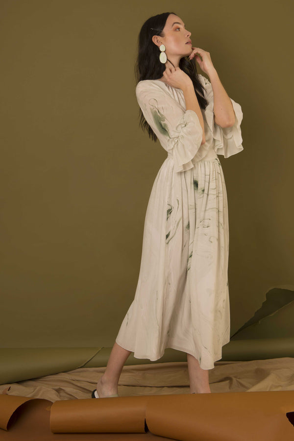 Hand Marbled Silk Gather Dress - White & Green - ourCommonplace