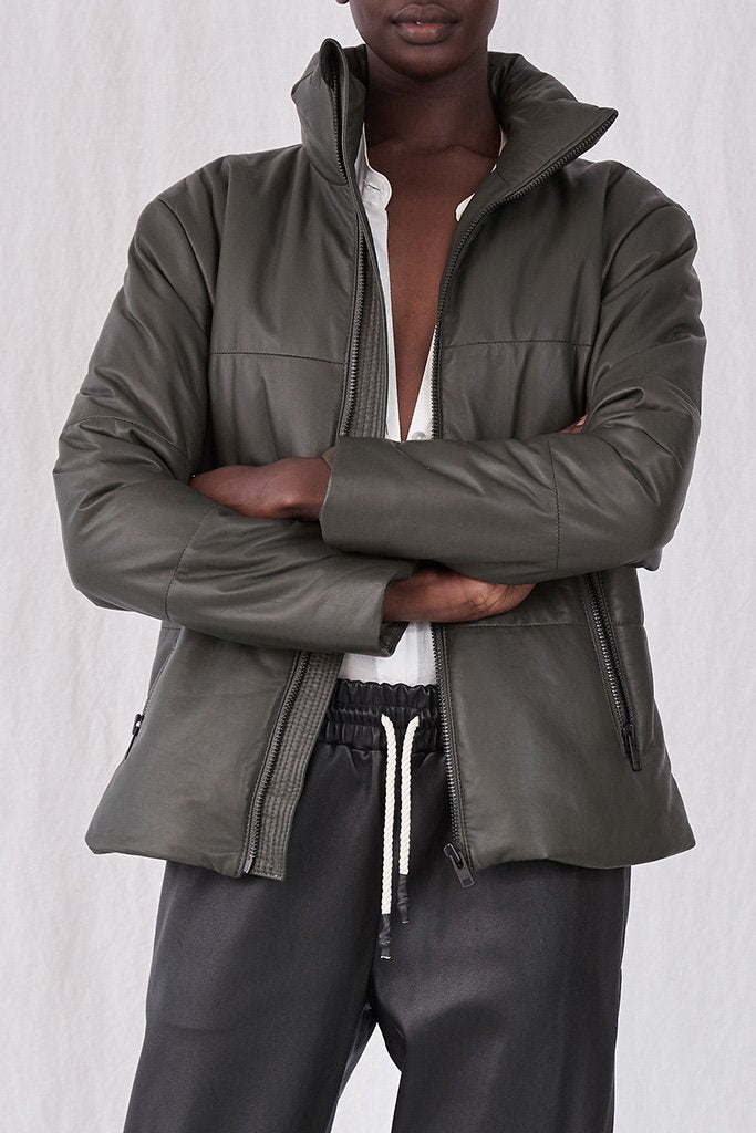 Uptown Puffer Jacket Bottlebush Green Leather - ourCommonplace