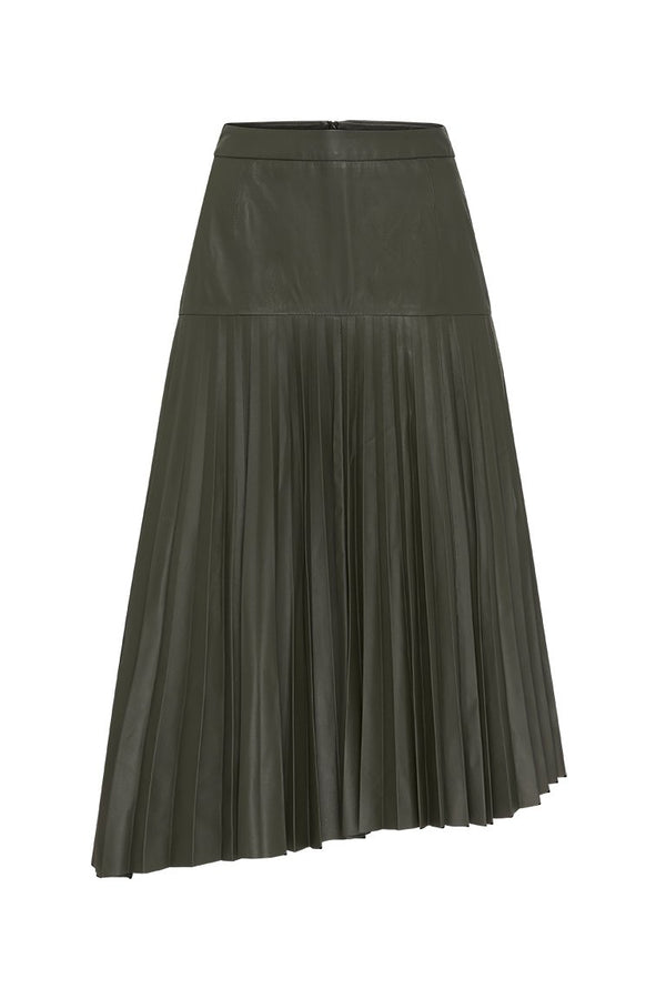 Park Avenue Pleated Skirt Bottlebush Green Leather - ourCommonplace