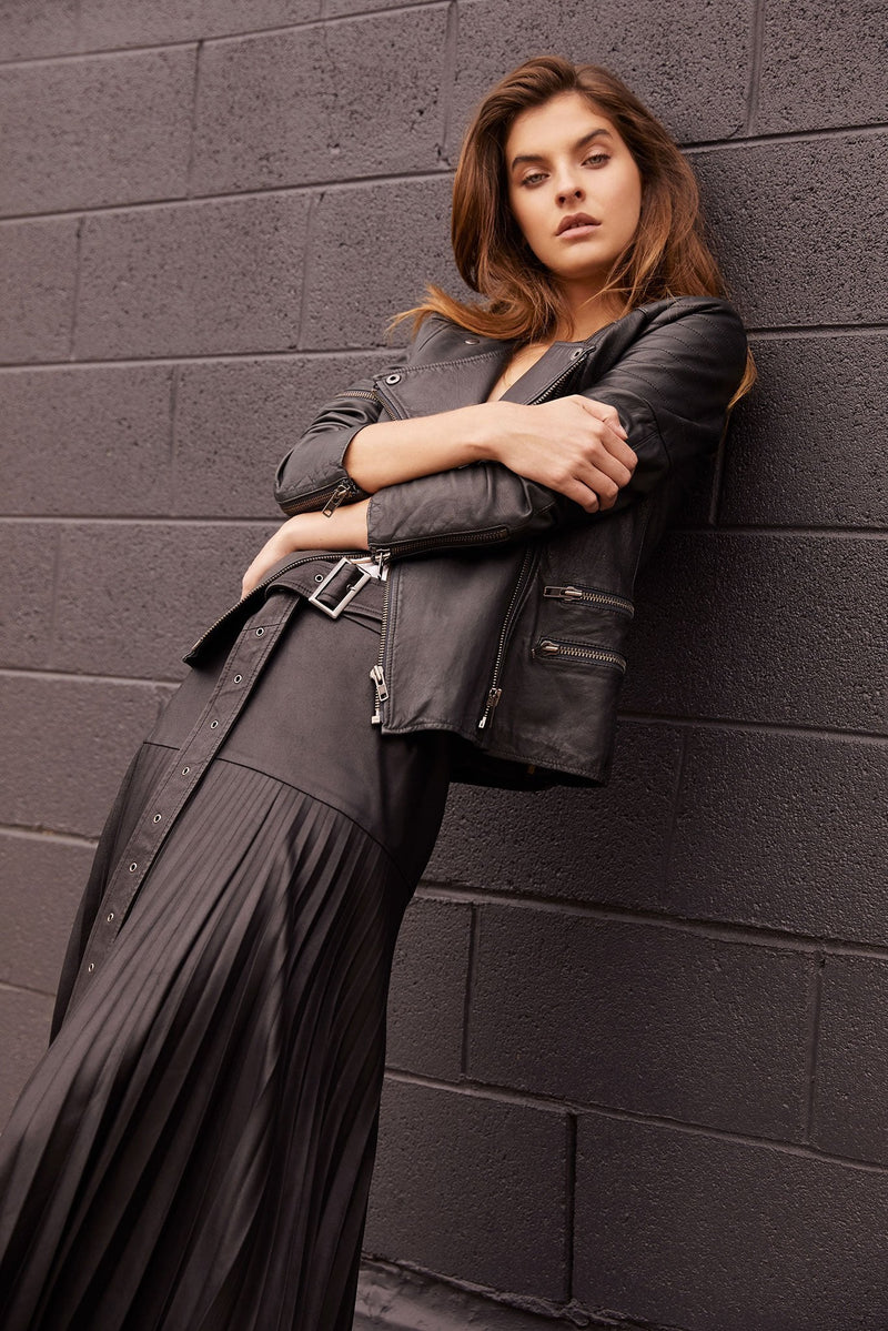 Park Avenue Pleated Skirt Black Leather - ourCommonplace