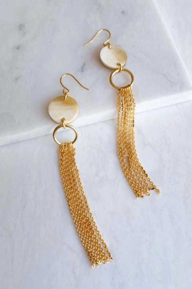 Khanh Hoa 16K Gold Plated Long Tassel Circle Buffalo Horn Earrings - ourCommonplace