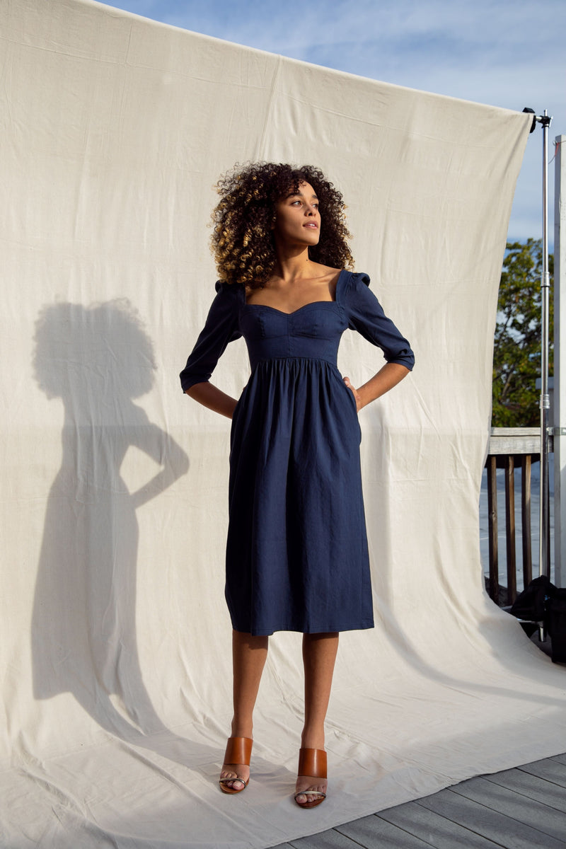 Violet Dress / Navy Stretch Linen - ourCommonplace