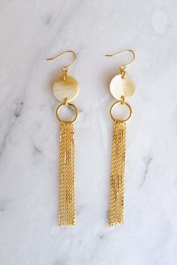 Khanh Hoa 16K Gold Plated Long Tassel Circle Buffalo Horn Earrings - ourCommonplace